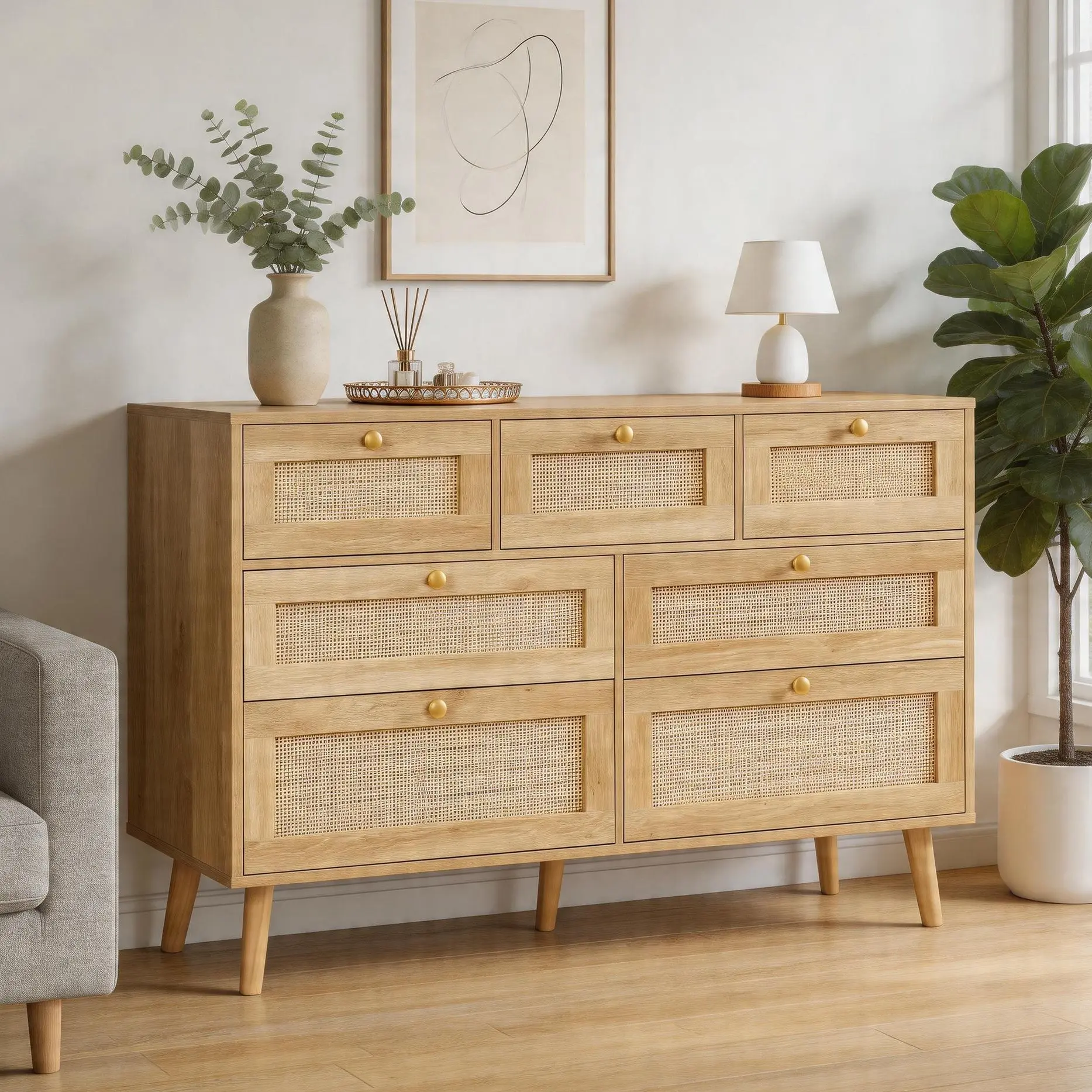 47 inches Floor Standing Rattan Furniture Dresser - 7 Drawers Rattan Dresser, Deep Drawer Space, Sturdy Metal Handles, Stable Wood Legs, Bedroom/Living Room Clothes Storage Cabinet, Durable Indoor Cupboard