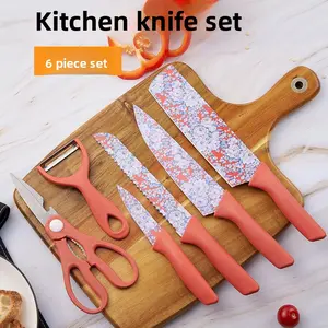 6-Piece Stainless Steel Color-Printed Knives Kitchen Set - Non-Stick Sharp Blades, Multi-Functional Chef, Slicer, Bread & Utility Knives, Ergonomic Handle, Dishwasher Safe, Unique Cooking Utensil Gadget Gift for Home Cooks