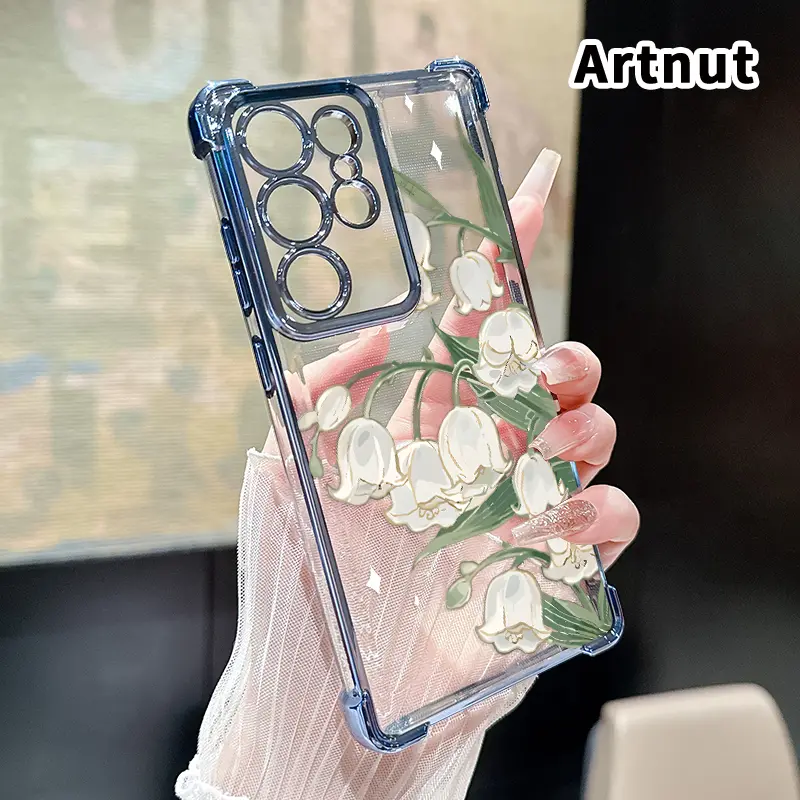 Lily of the Valley Pattern Phone Case Suitable for Samsung Galaxy S23 Ultra S24 Plus S25 S22+ FE Edge Four Corner Air Cushion Anti Drop Transparent Full Coverage Cover