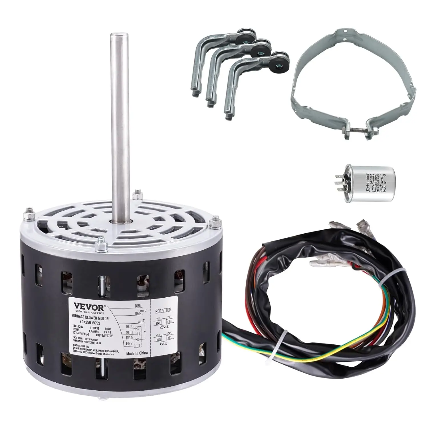 VEVOR 1/3HP Furnace Blower Motor, 110/120V 4.4Amps, 1075RPM 4 Speeds, CW/CCW Rotation, 48 Frame 5.2" Shaft Length, 5μF/370V Capacitor + 11" Hold Hoop