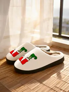 Christmas Elf Leg Cotton Slippers, Base with Pattern, Casual Fall Winter Home Wear, Soft Plush Lining