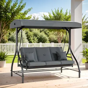 Backrest Bench Swing Sets,Outdoor 3-Seat Patio Swing,w/Adjustable Canopy, Thickened Removable Cushions, for Outdoor Backyard, Garden, Poolside