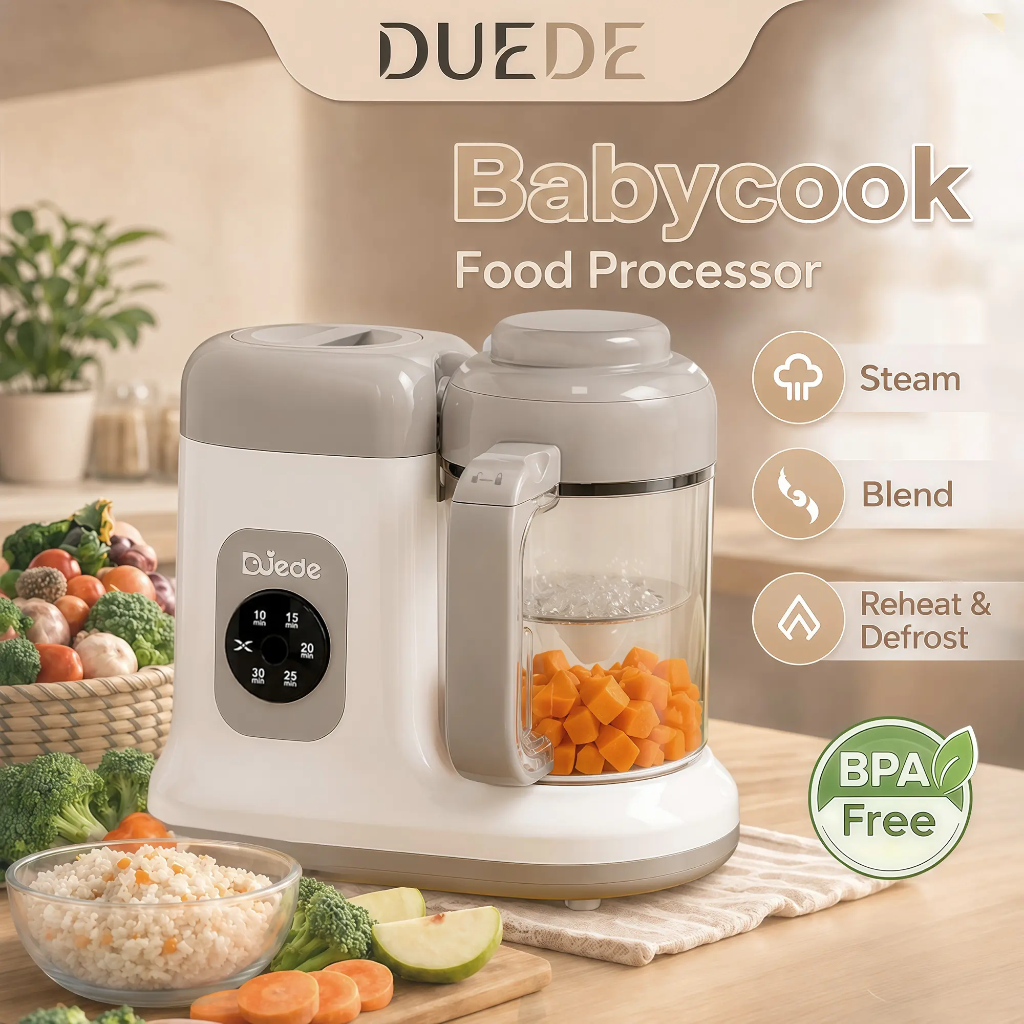 DUEDE Baby Food Maker - Push Button Control Food Processor Steamer, 0.6L Stirring Cup Puree Blender, Auto Cooking & Stirring for Infants, Ideal for Friends & Colleagues’ Homemade Nutritious Meals, White