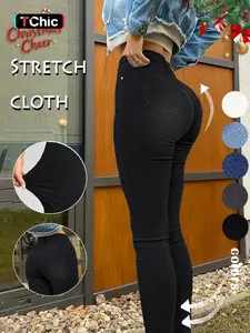 Women's Plain Ripped High Waist Skinny Stretchy Jeans, Fashion Casual Pocket Design Denim Pants for Daily Outdoor Wear, Ladies Bottoms for Spring & Fall