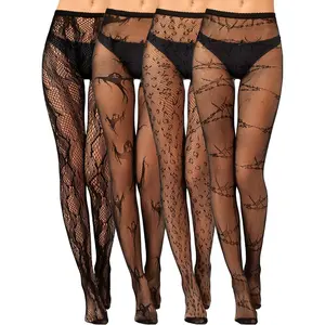 4 count Women Fishnet Tights High Stockings Black Patterned Tights Spider Web Leopard Snake Ghost Stockings Fishnet Leggings  High Pantyhose for Women Lace Leggings