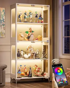 4-Tier Glass Display Cabinet with Doors, Adjustable Shelves, RGB LED Lights, APP & Remote Control, Metal Base Curio Cabinet for Collectibles & Living Room Storage