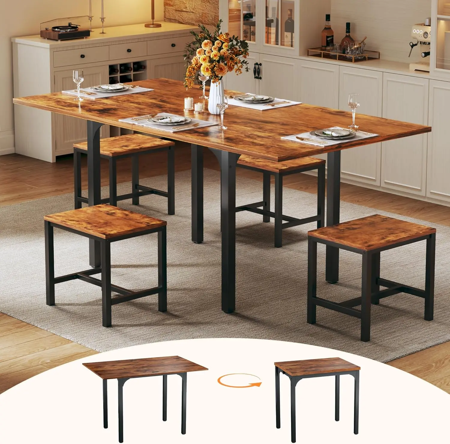 Dining Table Set for 2-4, Extendable Kitchen Table Chairs Set of 4, Rectangle Dining Table with Metal Frame & MDF Board, Compact Kitchen Table and 4 Stools for Small Space, Rustic