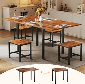 Dining Table Set for 2-4, Extendable Kitchen Table Chairs Set of 4, Rectangle Dining Table with Metal Frame & MDF Board, Compact Kitchen Table and 4 Stools for Small Space, Rustic