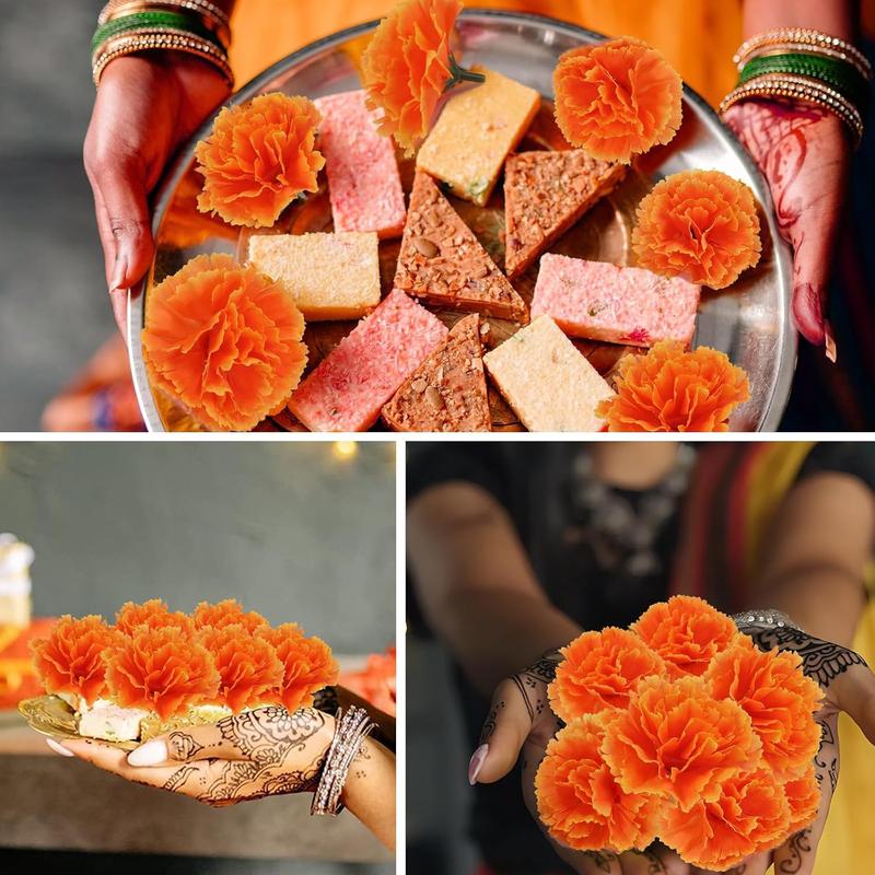 100 count Marigold Flower Heads with Stems  Artificial Cempasuchil  for Dia de Los Muertos Altar, Day of The  Decorations, Halloween, Mexican Party, DIY Garland & Wreath DecorOrange