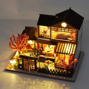 Sakura Courtyard DIY Exquisite Ornaments 3D Miniature Dollhouses for Bookshelf Room Decorations Mini Craft Kits Living Room Tabletop Holiday Gifts for Thanksgiving Halloween Christmas Birthdays Tools Glue Batteries Not Included