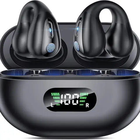 TWS Stereo Sound Earbuds - Clip-On Bluetooth In-Ear Sports Audio Headset with 20kHz Frequency, Chargeable Digital Display Charging Case, Compatible with Android & iPhone, Ideal for Running