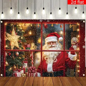 Christmas Party Banner 2D Flat Santa Claus in The Window Polyester Backdrop for Winter New Year Holiday Wall Decoration Living Room Celebration Eve
