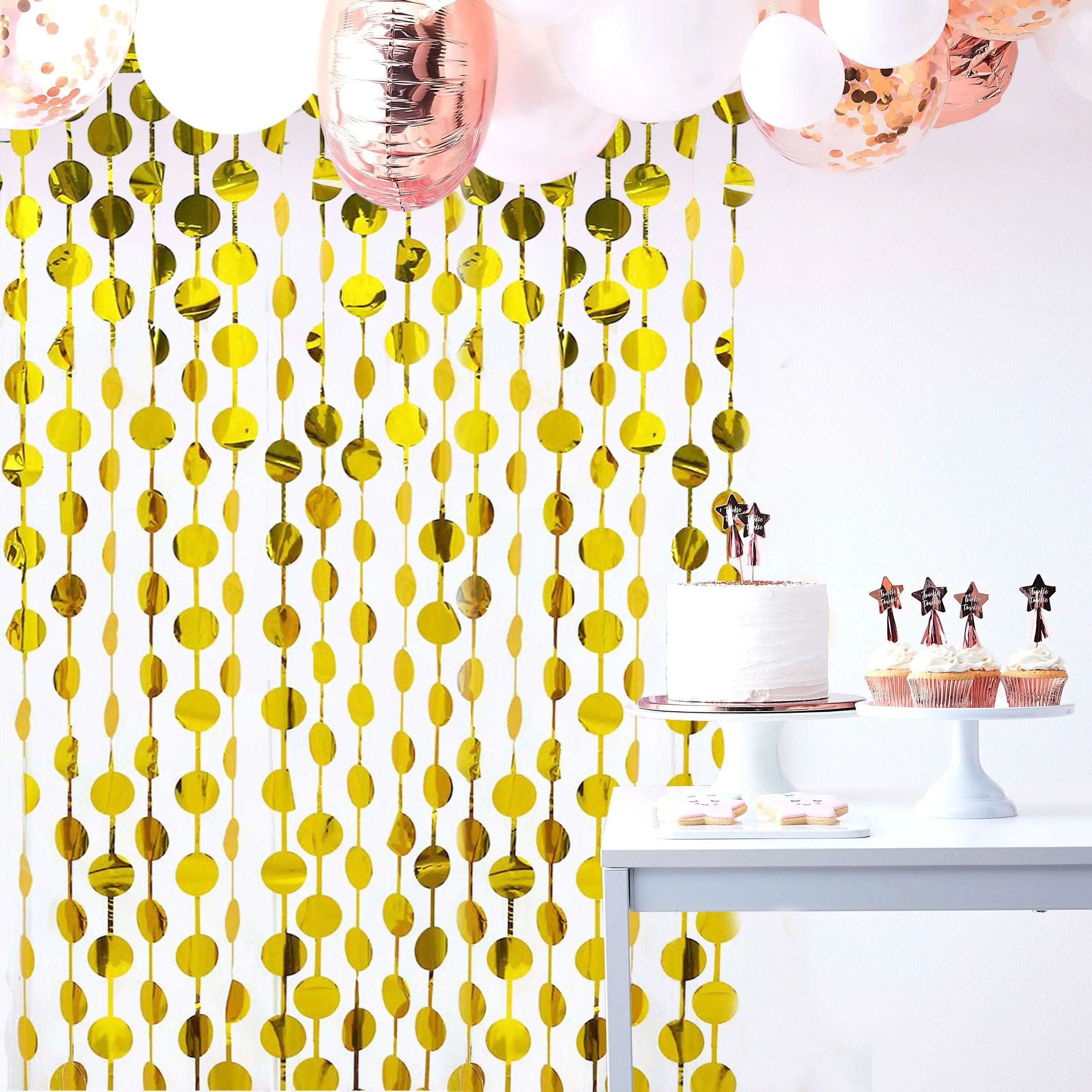 Metallic Gold Round Chain Foil Fringe Curtain Party Backdrop, Festive Decorations for Birthday Party - Door & Window Foil Curtain - 3ftx6.5ft, Party Decorations