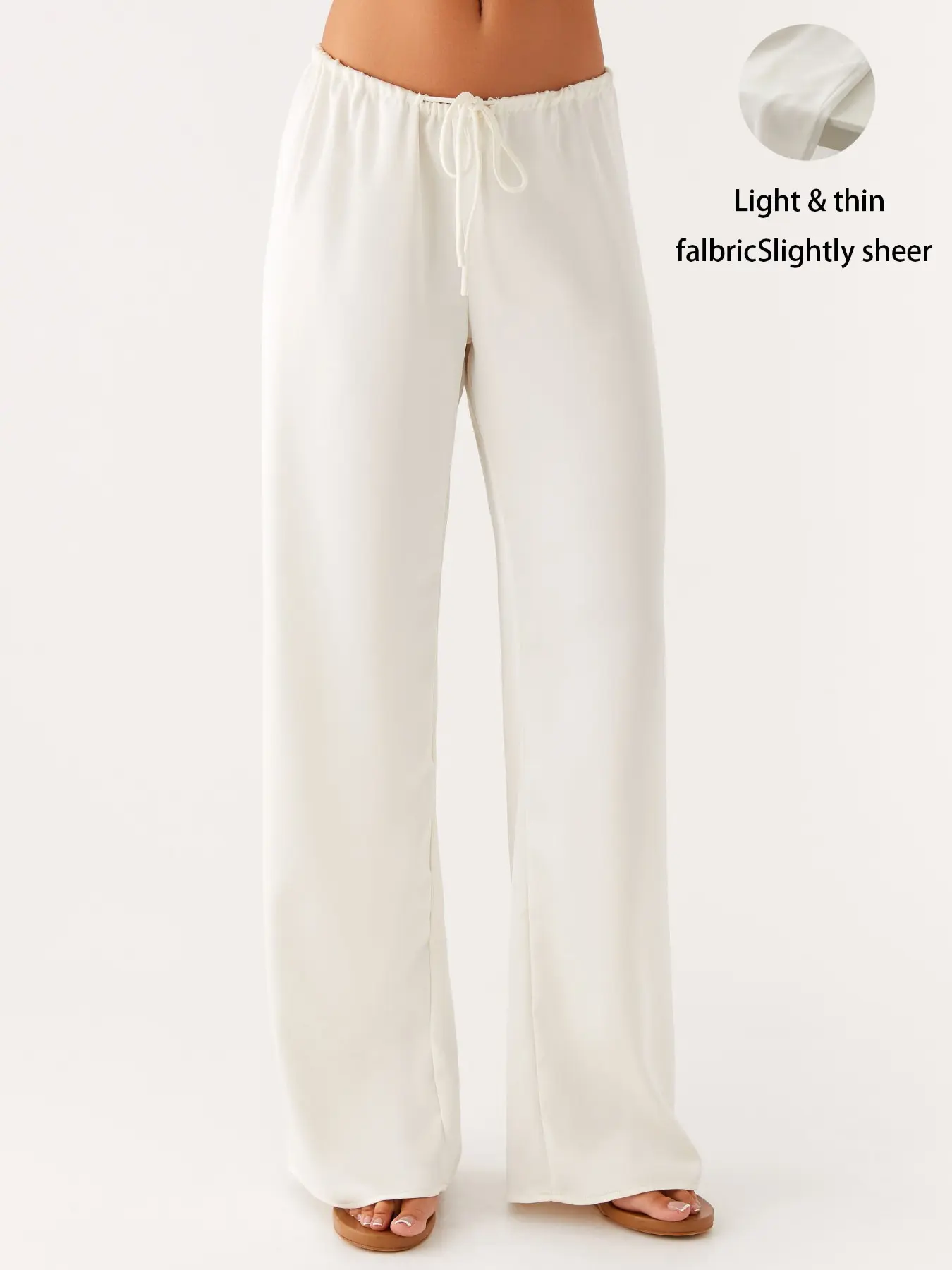Millennial Style Women Elastic Waist Adjustable Drawstring Pants, Low Rise Wide Leg Pants, Elegant Silk-Like Casual Pants, Loose Fit Daily Streetwear, Casual Summer Bottoms, Casual Fit Trousers