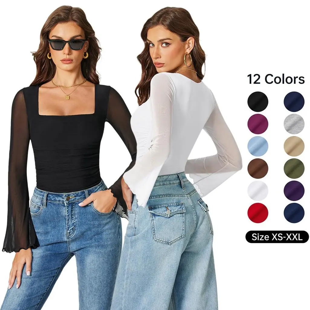 Avidlove Bodysuits for Women Long Bell Sleeve Mesh Square Neck Body Suits Going Out Ruched Bodysuit Tops Concert Outfits