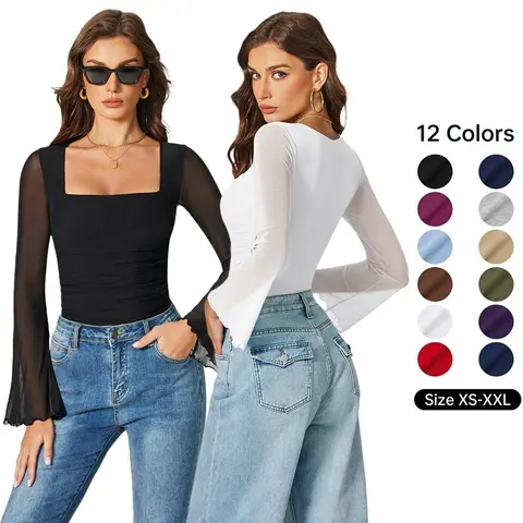 Avidlove Bodysuits for Women Long Bell Sleeve Mesh Square Neck Body Suits Going Out Ruched Bodysuit Tops Concert Outfits Elegant Beach