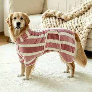 Quick-Drying Dog Bathrobe, 1-Piece Striped Pet Dressing Gown with Adjustable Belly Band, Super-Absorbent Super-Soft Fabric