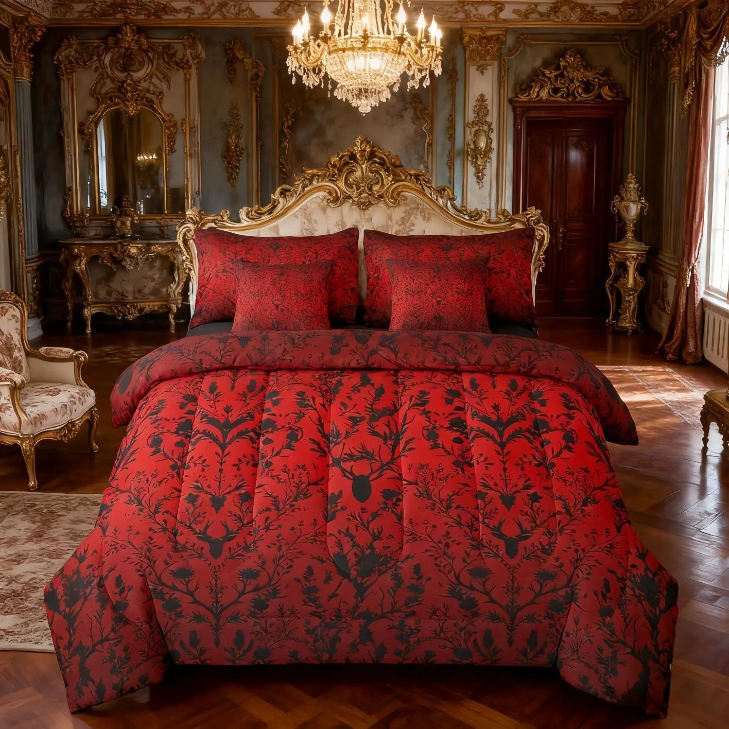 Feelyou 7-Piece Breathable Cloth Damask Floral Bedding Set - Victorian Antique Floral Bed-in-a-Bag, Gothic Baroque Comforter Set with Vintage Red Sheets, Woodland Deer Themed Bedroom Decor (Multi-Size Available), Seven Pieces