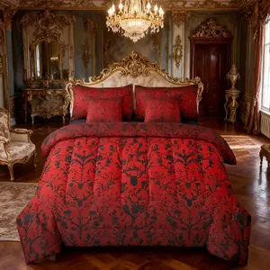 Feelyou 7-Piece Breathable Cloth Damask Floral Bedding Set - Victorian Antique Floral Bed-in-a-Bag, Gothic Baroque Comforter Set with Vintage Red Sheets, Woodland Deer Themed Bedroom Decor (Multi-Size Available), Seven Pieces
