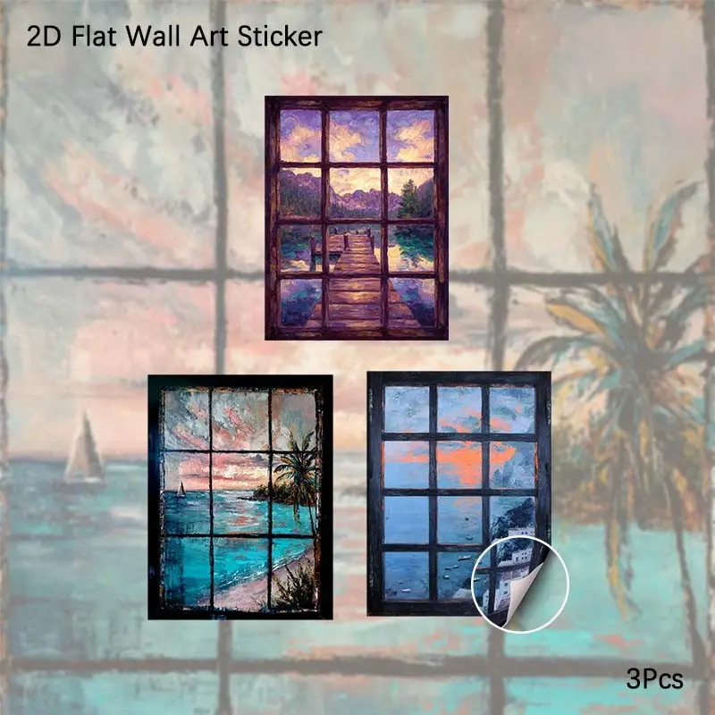 2D Flat Wall Art, 3Pcs PVC Self-Adhesive Framed Wallpaper Sticker, Vintage Window View Coastal Dock Oil Painting Wall Decals, Aesthetic Sea Landscape Wall Decor for Living Room, Bedroom, Perfect Gift for Travel Lovers, Home Decor Fans