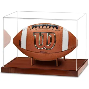 Clear Acrylic UV Protected Football Display Case with Solid Wood Base Stand, Full Size Holder for Signed Football, Display Box for Football Fans & Collectors