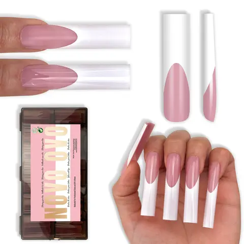 NOVO OVO XXL Square Soft Gel Press On Nails Kit - 150 Pcs Chic Pre-Colored Berry Pink White French, No C Curve Straight PMMA Gel Fake Nails, 15 Sizes Acrylic Set for DIY Enthusiasts & Home Manicure with Gap-Free Bond