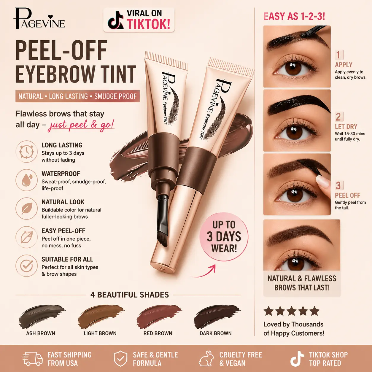 PAGEVINE Semi-Permanent Eyebrow Gel Tint, Peel-Off Brow Color Stain, Long-Lasting Waterproof Smudge-Proof Daily Brow Filler for Natural-Look Makeup, Tinted Brow Gel, Eyebrow Tint