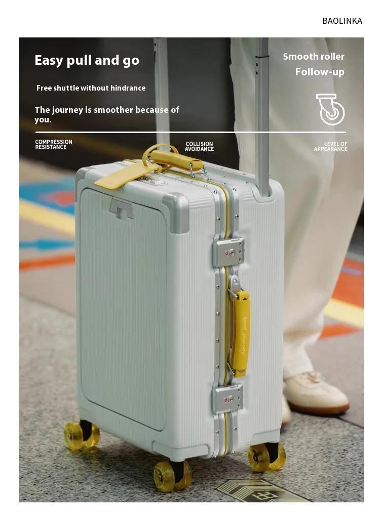 Latest Wide Handle Aluminum Luggage case with Poured Wheels Front Opening Travel Bag Multifunctional Suitcase Oversea Stock