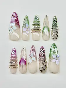 Pink and Green Cat Eye Press On Nails, Fairycore Floral Nails, Bangle Nails, Chrome Nails, Spring Summer Birthday Fake Nails