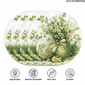 2D flat printing, 2-piece/4-piece/6-piece/8-piece set, Easter themed placemat, designed with green Snapdragon floral pattern. Anti slip, heat-resistant, and easy to clean, perfect for Easter dinners and celebrations