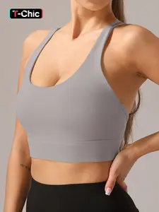 Women's Solid Wireless Stretch Sports Bra, Breathable Comfortable Cross Back Gym Yoga Sports Bra, Ladies Sportswear Activewear for Indoor Outdoor Wear, Fitness Clothes