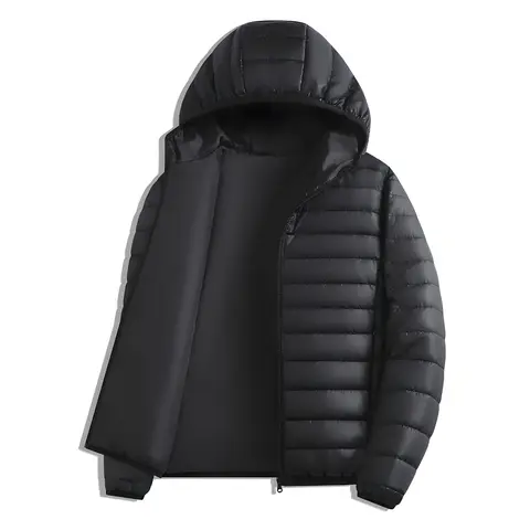 Men's Hooded Puffer Coat - Plain Longsleeves Zippered Jacket, Fleece-Lined Lightweight Warm Winter Solid Color Parka with Pockets for Christmas Outdoor Ski, Casual Outfits