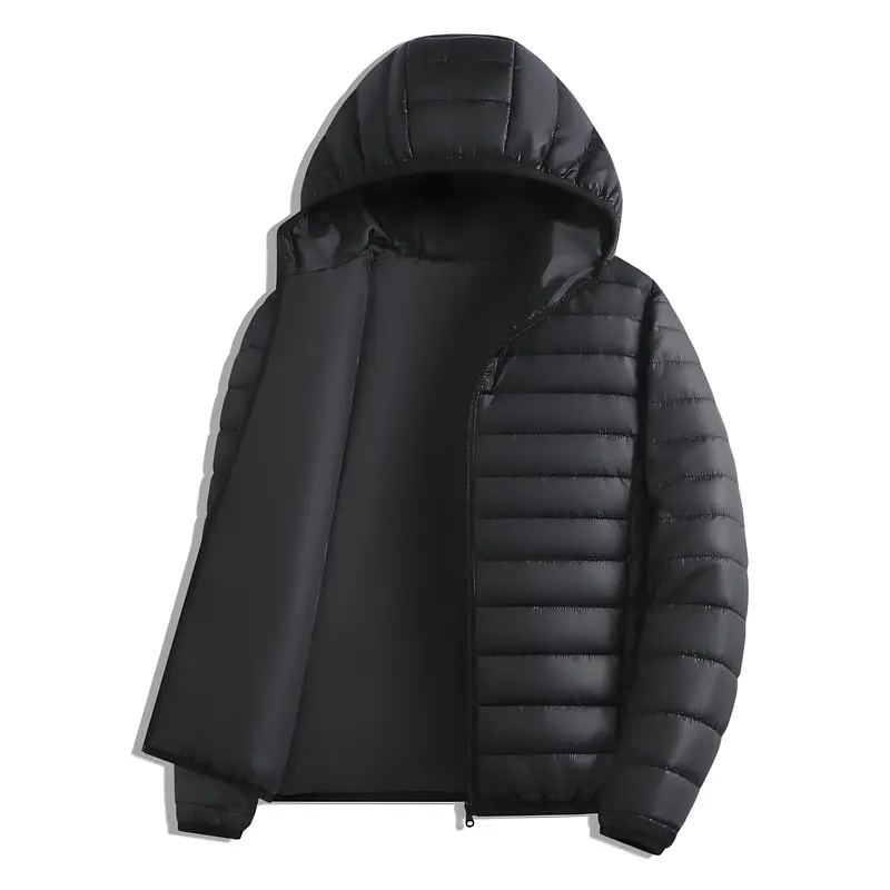 Men's Hooded Puffer Coat - Plain Longsleeves Zippered Jacket, Fleece-Lined Lightweight Warm Winter Solid Color Parka with Pockets for Christmas Outdoor Ski, Casual Outfits