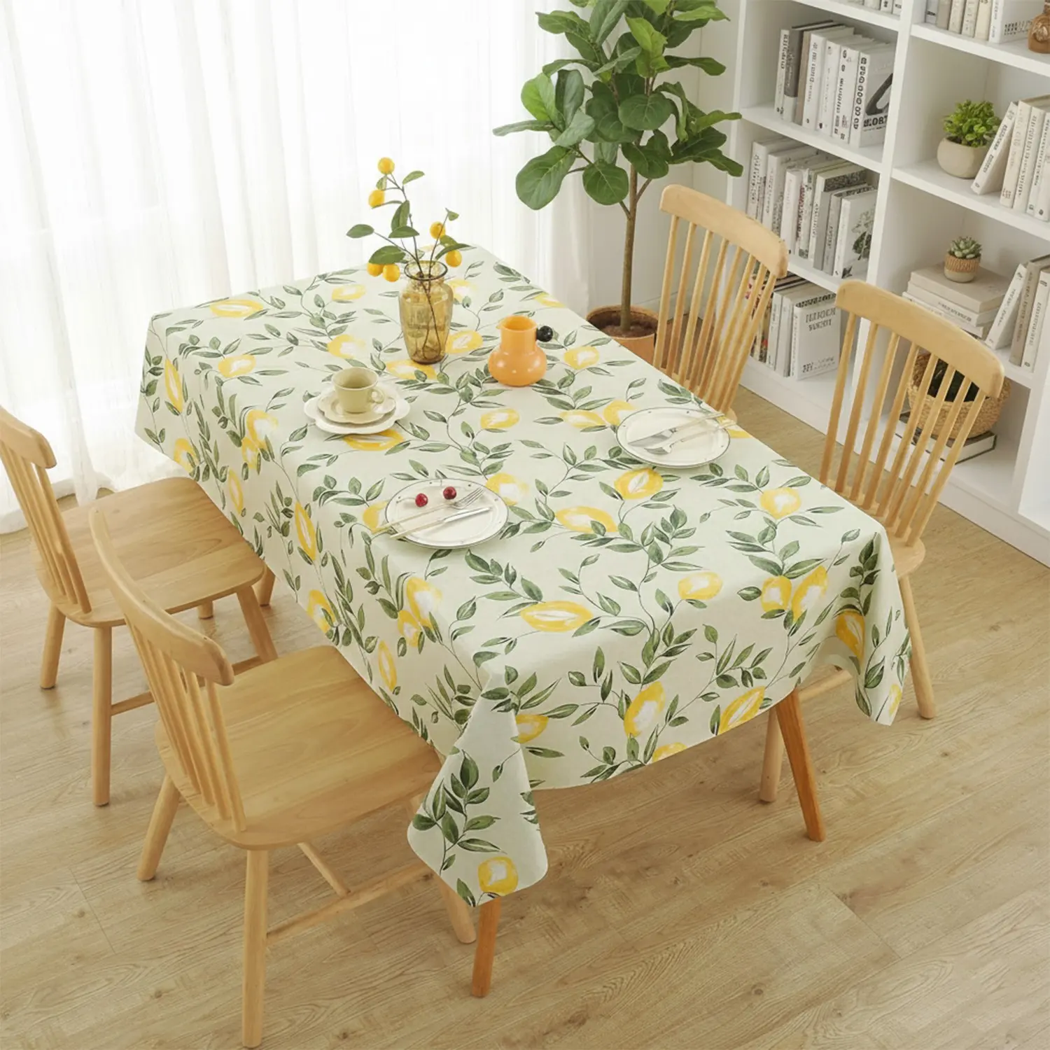 Rectangular Non-Woven Tablecloth, Vinyl Waterproof Oil-Resistant Easy-Clean, Lemon Leaf Design, Ideal for Indoor, Dinner, Outdoor, Living Room, Patio, Picnic, Camping, Party, Rectangle Tablecloth