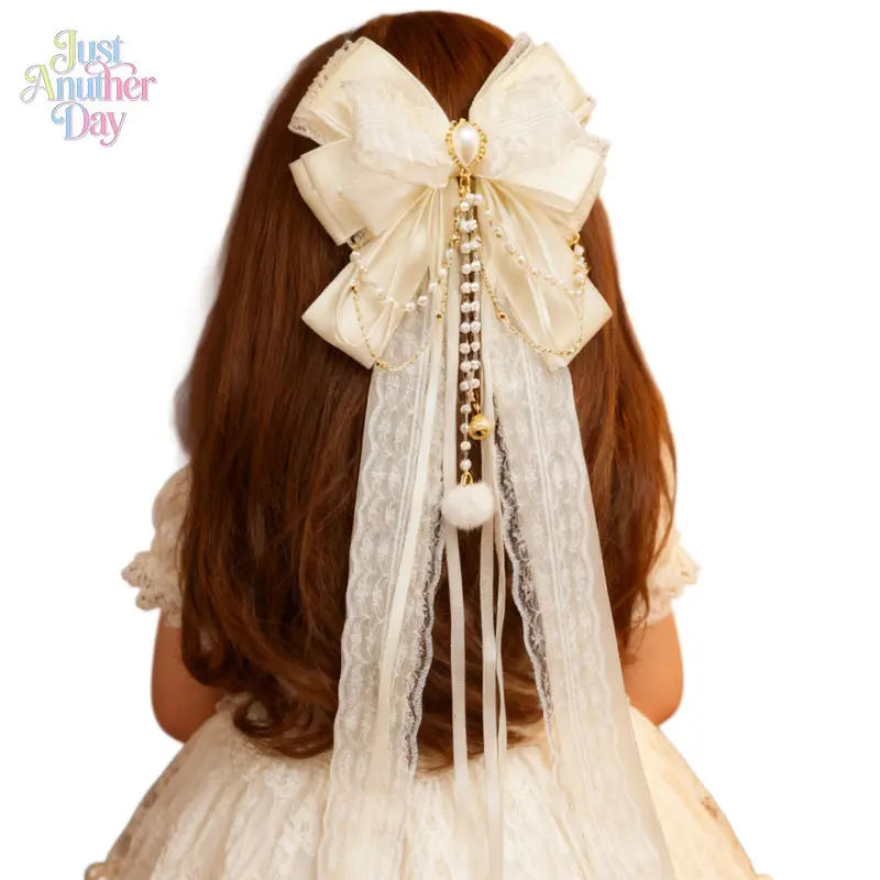 Girls' Elegant Lace Bow Hair Clip, Vintage Hanfu Style Hair Accessory with Long Ribbon Tassels, Pearl & Pom-Pom Accents, Princess Hair Barrette for Kids