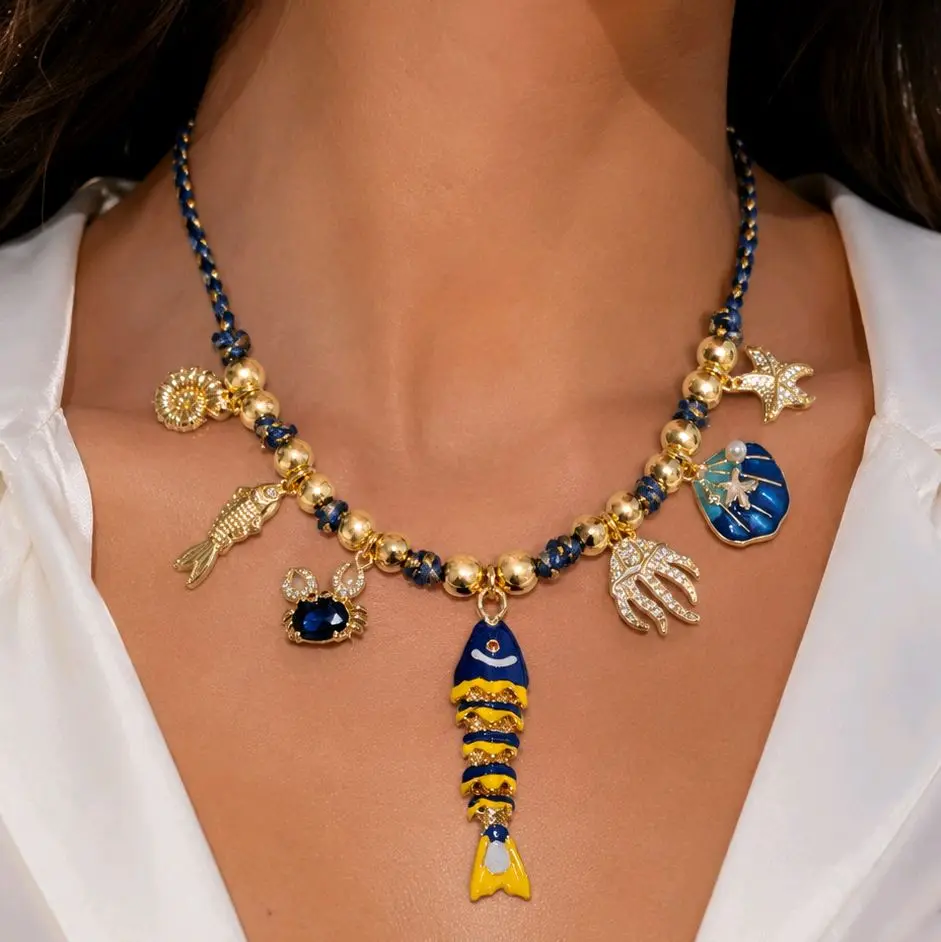 Ocean Treasures Beach Charm Necklace, 14K Gold Plated, Ideal for Vacation Wear
