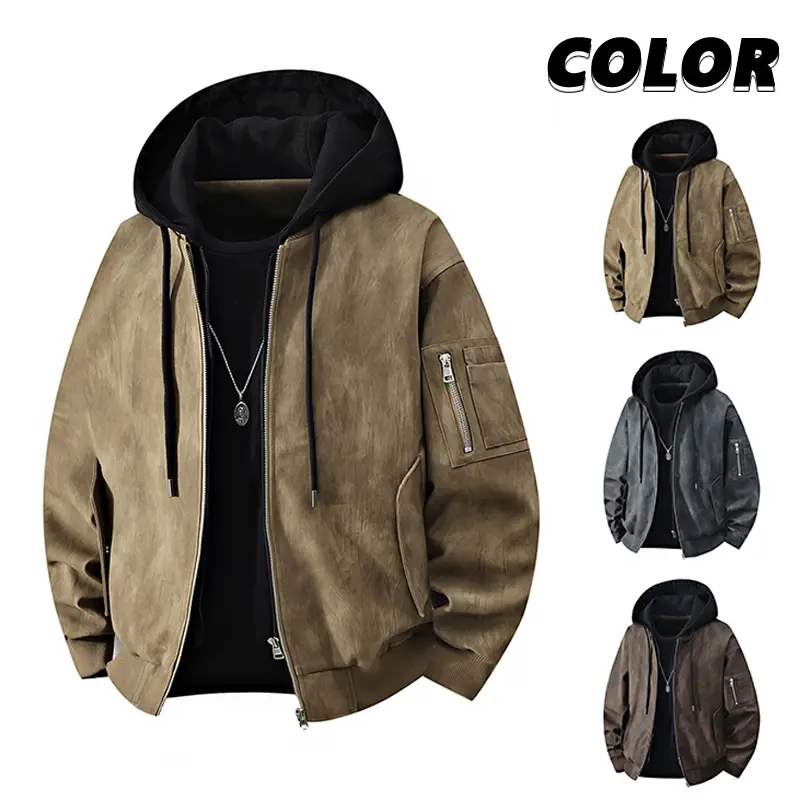Men Oversized Khaki Faux Suede Windbreaker Full Zip Detachable Black Drawstring Hood Multi Utility Zipper Pockets Ribbed Hem Cuff Bomber Jacket Y2K Retro Hip Hop Workwear Casual Layering Outer Coat