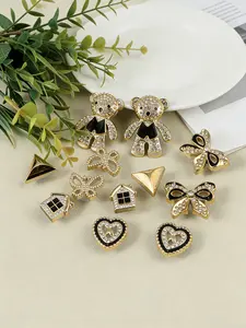 DIY 12PCS Black Outfit Teddy Bear Croc Charms Set Bling Rhinestone Bow Heart Triangle Detachable Luxury Clog Accessories for Women DIY Craft Decor