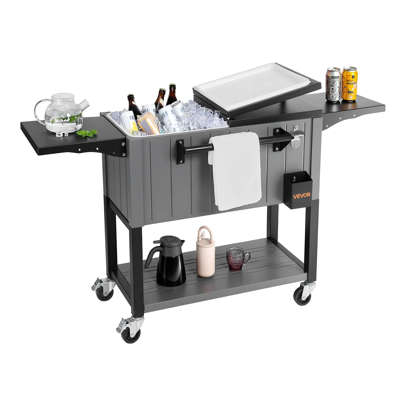 VEVOR 80QT Wheeled Insulated Portable Cooler, Collapsible Rolling Ice Box with Swivel Wheels, Bottom Shelf, Foldable Side Shelves & Bottle Opener, Holds 50 Bottles/110 Cans for Patio Parties, Wheeled Cooler