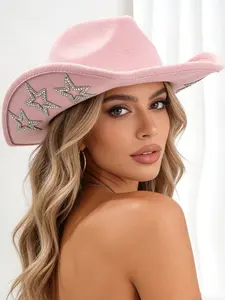 Women's Rhinestone Star Cowboy Hat, Western Style Woolen Hat, Fashionable Accessory for Parties and Events, Unique Design