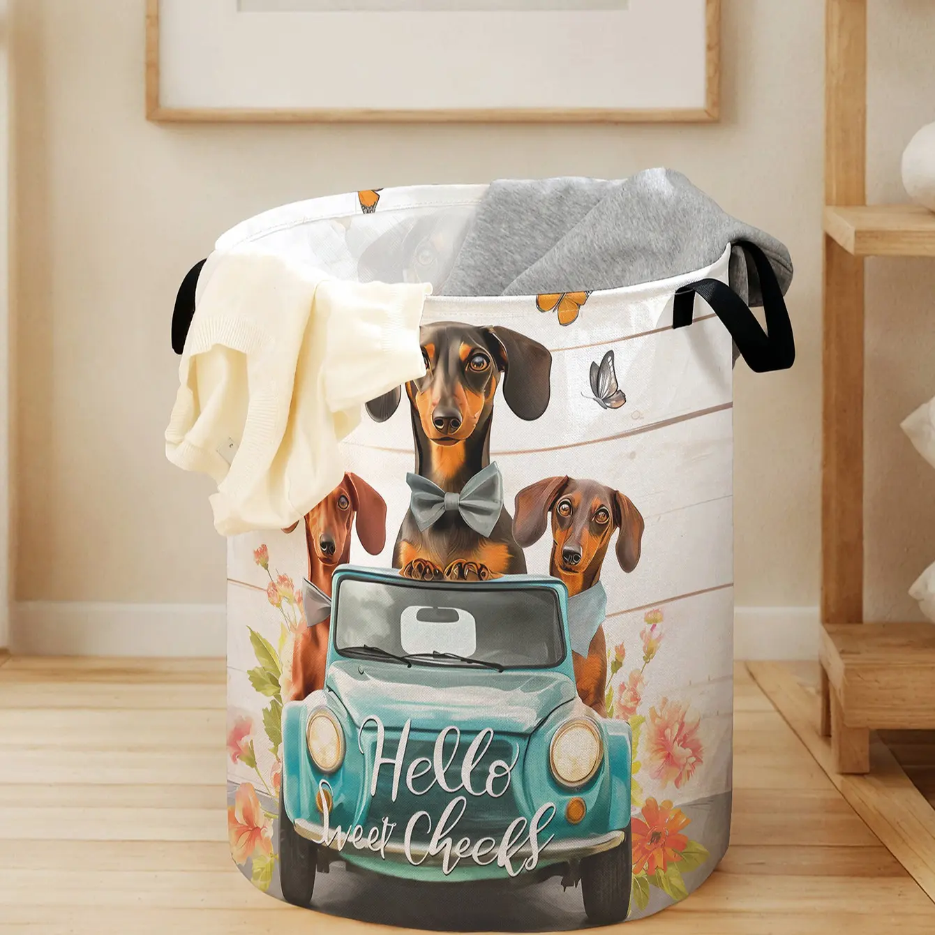 Dog Print Laundry Basket with Handle, Durable Foldable Clothes Storage Bin, Large Capacity Toy Organizer, Home Use Reusable Hamper