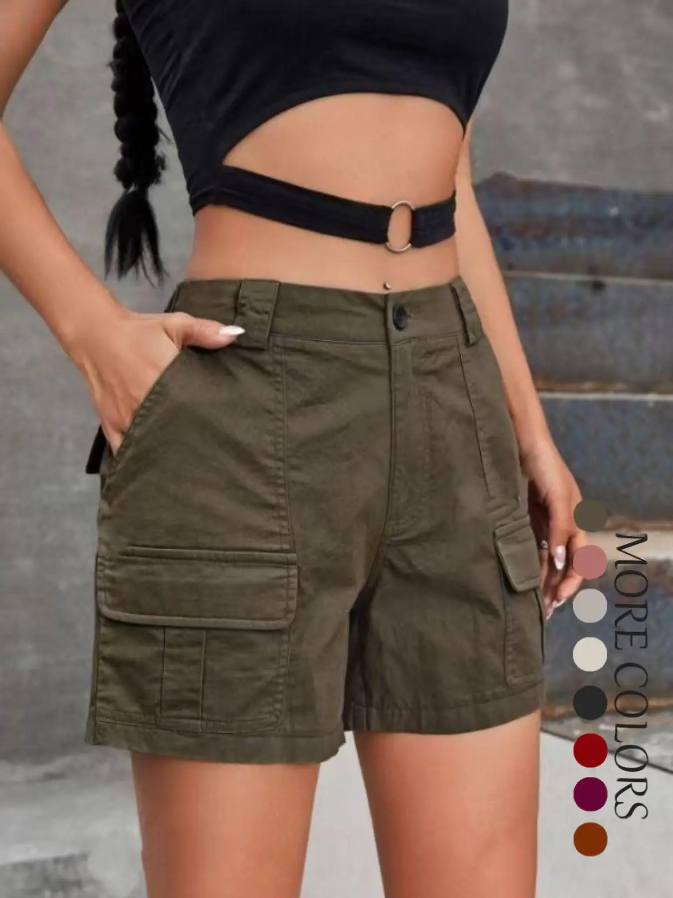 Women's Solid Multi-pocket Shorts, Fashion Casual Loose Basic Fit Shorts for Daily Outdoor Wear, Ladies Bottoms for Summer, Womenswear, Casual Fashionable Shorts, Casual Fitted Shorts