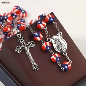 Handmade Puerto Rico Flag Beaded Cross Necklace – Christian Faith Pendant for Women & Teens, Polymer Clay Cultural Prayer Jewelry for Baptism, Church, Independence Day & Everyday Wear