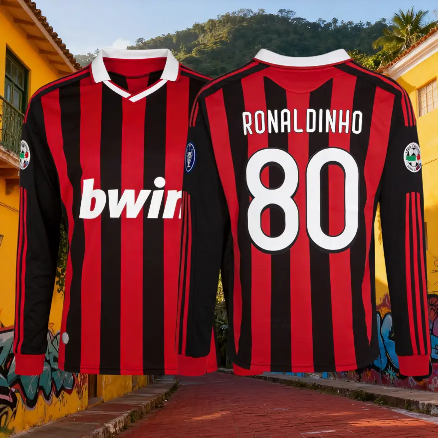 Ronaldinho 2009-10 Retro Home Blue Red No.10 No.80 Long-sleeved Football Shirts