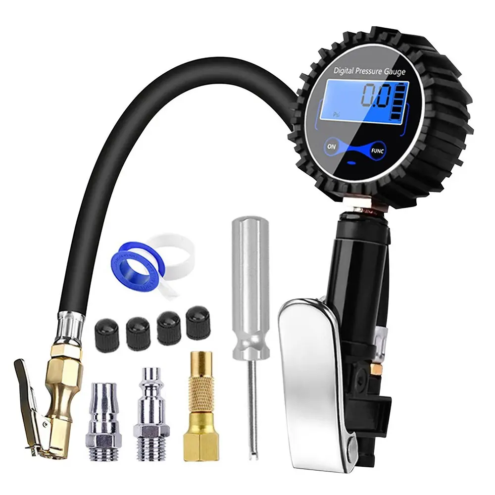 Universal Clip-on Air Line Tyre Pump, Tire Inflator Tool with Gauge, 200PSI LCD Digital Inflation Monitoring Manometer Aluminum Alloy Tire Pressure Gauge