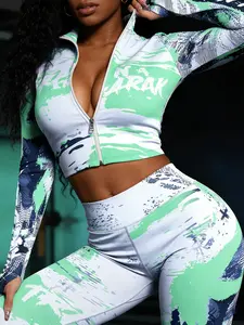 Women's Sporty Zip-Up Top and High-Waist Tight Pants Set, Long Sleeve All-Over Print, Thumb Hole Jacket, Four-Season Knitwear, Workout Sets