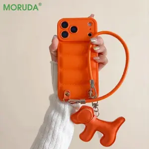 PU Leather Cartoon Dog Lanyard Phone Case for iPhone 17 16 15 14 13 12 Pro Max Plus 17 Air 16e Creative Down Jacket Soft Cover