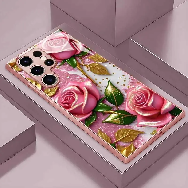 Gilded Pink Rose For Samsung Galaxy S26 Tempered Glass Phone Case, For S25 Ultra/For S24 Plus/For S23 FE HNAD36PLQWE