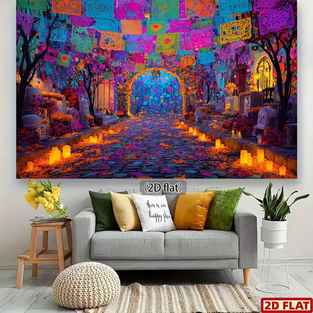 インテリア絵画:メキシコのアーティストVENA2(ベナードス)作品 2D Flat Mexican Folk Art Day of the Dead Textile Backdrop