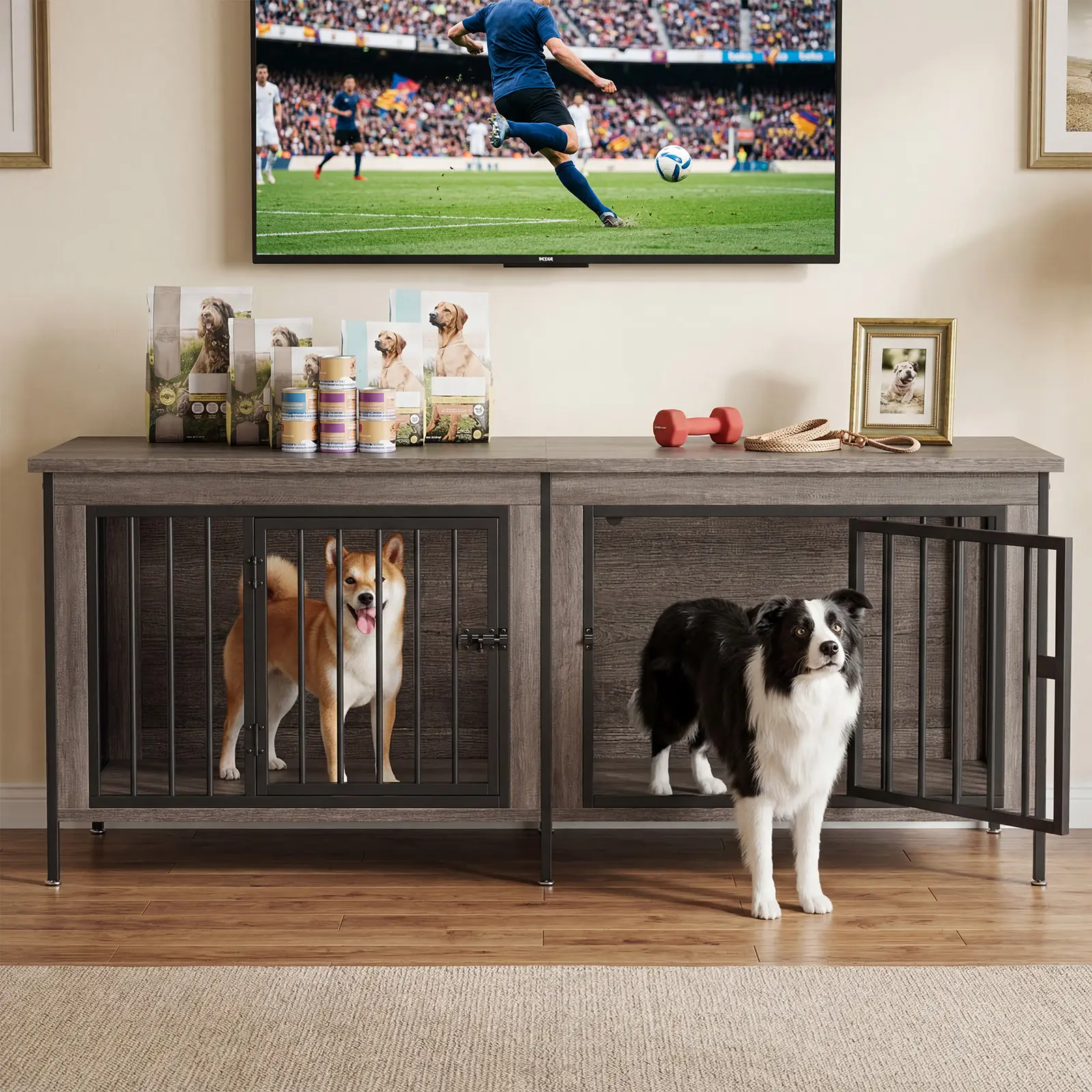 Dual-Compartment Dog Crate with Removable Divider – Use as TV Stand or Side Table. Farmhouse Design, Double-Lock Doors, Heavy Duty. Perfect for Small, Medium & Large Breeds.
